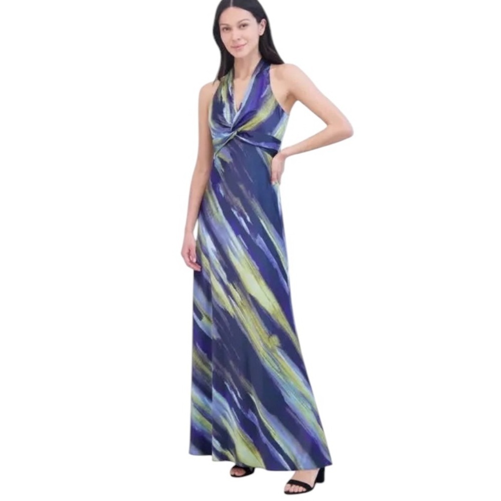 NWT Vince Camuto Abstract Print Knot Front Satin Halter Gown in Multi Size 8 - Picture 2 of 14